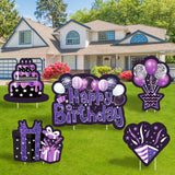WATINC Set of 5 Black Purple Happy Birthday Yard Signs with Stakes Large Waterproof Lawn Sign Glittery Balloons Cake Gift Box Ribbons Birthday Party Decorations Supplies Photo Props for Outdoor Garden