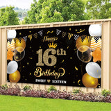 WATINC Happy 16th Birthday Backdrop Banner Sweet Sixteen Background Banners 78" x 45" Extra Large Backdrops Balloons Black Gold Party Decorations Supplies