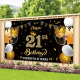 WATINC Happy 21st Birthday Backdrop Banner Cheers to 21 Years Background Banners 78” x 45” Extra Large Backdrops Balloons Black Gold Party Decorations Supplies for Indoor Outdoor Photo Booth Props