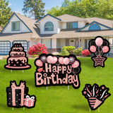 WATINC Set of 5 Signs Birthday Yard Signs with Stakes Rose Gold Large Waterproof Lawn Sign Glittery Balloons Cake Gift Box Ribbons Birthday Party Decorations Supplies Photo Props for Outdoor Garden