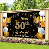 WATINC Happy 50th Birthday Backdrop Banner Cheers to 50 Years Background Banners 78” x 45” Extra Large Backdrops Balloons Black Gold Party Decorations Supplies for Indoor Outdoor Photo Booth Props