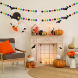 WATINC 3pcs Halloween Felt Ball Pom Pom Garlands Pumpkin Bat Ghost Garlands Wool Felt Ball Decorations 5.9Ft Hanging Bunting Banner Orange Black Purple Green Felt Ornament for Halloween Party Decor