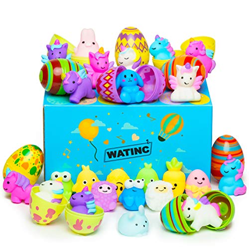 WATINC 24pcs Easter Egg Filled with Unicorn Mochi Fidget Toy for stress relief Kawaii Mini Soft Squeeze Toy Happy Easter Party Décor Easter Party Favor Goodie Bags Egg Fillers for Kids Classroom Prize