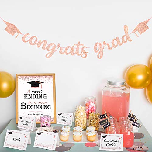 WATINC Graduation Candy Bar Sign Banner Tags Kit, Rose Gold Glitter Congrats Grad Banner and Tent Cards Set for 2021 Graduation Party Decorations, Grad Party Favors Supplies for Buffet Bubbly Bar