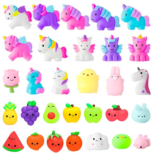 WATINC 27Pcs Fidget Toys Mochi Squeeze Toys for Boy & Girls Birthday Gift, Unicorn Fruit Cat Animals Mochi Squeeze Stress Relief Party Favor for Kids, Goodie Bags Egg Fillers for Kids,Classroom Prize