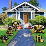 WATINC Set of 5 Happy Birthday Yard Signs with Stakes Black Gold Large Waterproof Lawn Sign Glittery Balloons Cake Gift Box Ribbons Birthday Party Decorations Supplies Photo Props for Outdoor Garden