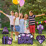 WATINC Set of 5 Black Purple Happy Birthday Yard Signs with Stakes Large Waterproof Lawn Sign Glittery Balloons Cake Gift Box Ribbons Birthday Party Decorations Supplies Photo Props for Outdoor Garden