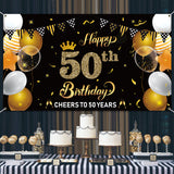 WATINC Happy 50th Birthday Backdrop Banner Cheers to 50 Years Background Banners 78” x 45” Extra Large Backdrops Balloons Black Gold Party Decorations Supplies for Indoor Outdoor Photo Booth Props