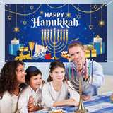 WATINC Happy Hanukkah Backdrop Banner Extra Large Blue and Gold Chanukah Menorah Dreidel Hexagram Grid Jewish Themed Party Festival Holiday Background Supplies for Wall Indoor Outdoor 78 x 45 Inch