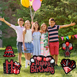 WATINC Set of 5 Black Red Happy Birthday Yard Signs with Stakes Large Waterproof Lawn Sign Glittery Balloons Cake Gift Box Ribbons Birthday Party Decorations Supplies Photo Props for Outdoor Garden