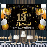 WATINC Happy 13th Birthday Backdrop banner Official Teenager Background Banners 78” x 45” Extra Large Backdrops Balloons Black Gold Party Decorations Supplies for Indoor Outdoor Photo Booth Props