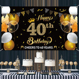 WATINC Happy 40th Birthday Backdrop Banner Cheers to 40 Years Background Banners 78” x 45” Extra Large Backdrops Balloons Black Gold Party Decorations Supplies for Indoor Outdoor Photo Booth Props