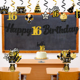 WATINC 42pcs 16th Black Gold Party Decorations for Boys Girls, 16 years Happy Birthday Banner Party Supplies Anniversary Decorations, 16th Birthday Cake Sparkling Party Balloon Celebration Hat & Gift