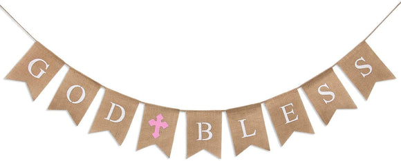 God Bless Baptism Banner by WATINC Communion Party Banner Christening Decoration for Wedding Baby Shower Party First Communion (Pink)
