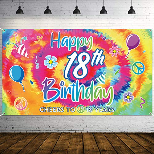 WATINC Tie Dye Happy 18th Birthday Backdrop Banner Cheers to 18 Years Background Banners Extra Large Backdrops Balloons Groovy Hippie Party Decorations Supplies for Indoor Outdoor Photo Booth Props