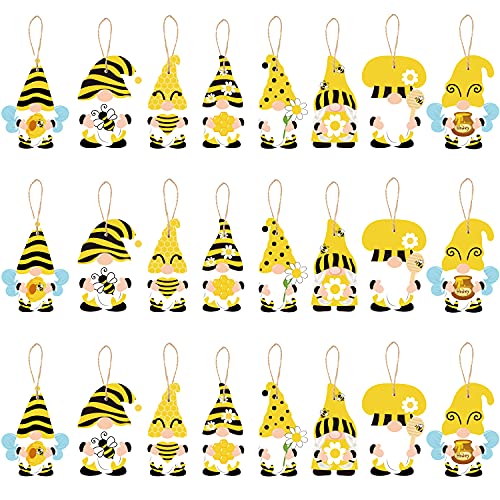 WATINC 25 Pack Bee Gnome Hanging Wooden Ornament, Yellow Honeybee Gnome with Hat Wooden Pendant for Birthday Party Decor, Summer Animals Themed Hanging Tag with Rope for Holiday Party Favor Supplies