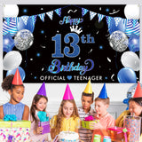 WATINC Happy 13th Birthday Backdrop Banner Blue Black Extra Large Background Official Teenager Balloons Ribbons Party Decorations Supplies Indoor Outdoor Photo Booth Props for Boys Girls 78 x 45 Inch