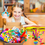 WATINC 1000Pcs DIY Art Craft Kit for Kids Creative Pompoms Pipe Cleaners Feather Foam Flowers Letters Crystal Sticker Felt Wiggle Googly Eyes Sequins Button Colorful Wooden Sticks Paper Party Supplies