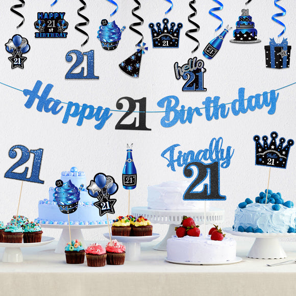 WATINC 42pcs 21st Blue Birthday Banner Party Decorations, Hello 21 Glitter Hanging Garlands Swirls Signs for 21 Years Old Boys Girls, Cake Topper Centerpieces Decor Party Supplies