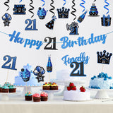 WATINC 42pcs 21st Blue Birthday Banner Party Decorations, Hello 21 Glitter Hanging Garlands Swirls Signs for 21 Years Old Boys Girls, Cake Topper Centerpieces Decor Party Supplies