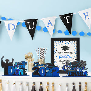 WATINC 3pcs Graduation Table Decorations for Congratulations Party, Black Blue Glitter Wooden Centerpiece Sign for Congrats Grad Party, Class of 2022 Ornament For Graduation Party Supplies Photo Props