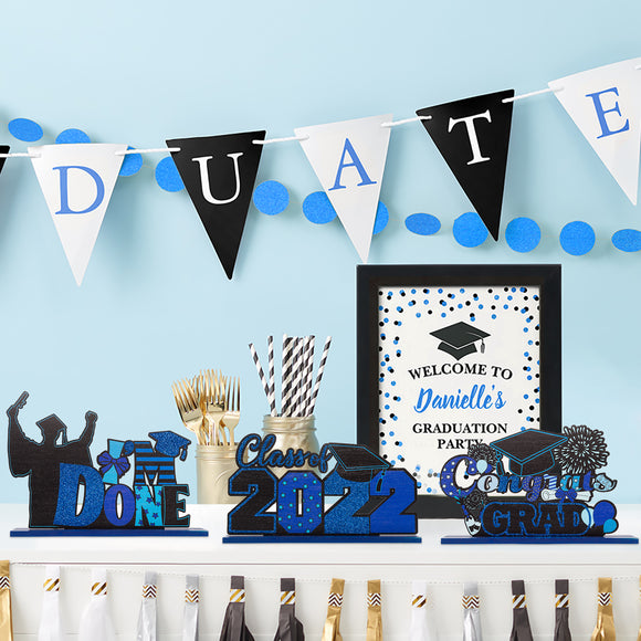 WATINC 3pcs Graduation Table Decorations for Congratulations Party, Black Blue Glitter Wooden Centerpiece Sign for Congrats Grad Party, Class of 2022 Ornament For Graduation Party Supplies Photo Props