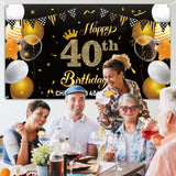 WATINC Happy 40th Birthday Backdrop Banner Cheers to 40 Years Background Banners 78” x 45” Extra Large Backdrops Balloons Black Gold Party Decorations Supplies for Indoor Outdoor Photo Booth Props