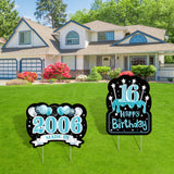 WATINC 2Pcs Happy 16th Birthday Yard Signs with Stakes 16 Years Old Made in 2006 Teal Silver Black Blue Turquoise Large Waterproof 16 Sixteen Lawn Sign Garden Outdoor Decorations for Teens Boys Girls