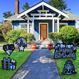 WATINC Set of 5 Happy Birthday Yard Signs with Stakes Blue Black Large Waterproof Lawn Sign Glittery Balloons Cake Gift Box Ribbons Birthday Party Decorations Supplies Photo Props for Outdoor Garden