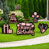 WATINC Set of 5 Signs Birthday Yard Signs with Stakes Rose Gold Large Waterproof Lawn Sign Glittery Balloons Cake Gift Box Ribbons Birthday Party Decorations Supplies Photo Props for Outdoor Garden