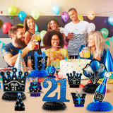 WATINC 12pcs 21st Birthday Centerpieces for Tables, Blue Black Silver Cheers to 21 Years Old Honeycomb Table Topper Decoration, Hello 21 Happy 21st Birthday Party Decorations Supplies for Boys Girls