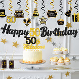 WATINC 42pcs 50th Black Gold Party Decorations for Men Women, 50 years Happy Birthday Banner Party Supplies Anniversary Decorations, 50th Birthday Cake Sparkling Party Balloon Celebration Hat & Gift