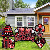 WATINC Set of 5 Black Red Happy Birthday Yard Signs with Stakes Large Waterproof Lawn Sign Glittery Balloons Cake Gift Box Ribbons Birthday Party Decorations Supplies Photo Props for Outdoor Garden