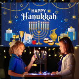 WATINC Happy Hanukkah Backdrop Banner Extra Large Blue and Gold Chanukah Menorah Dreidel Hexagram Grid Jewish Themed Party Festival Holiday Background Supplies for Wall Indoor Outdoor 78 x 45 Inch