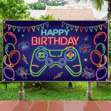 WATINC Neon Video Game Happy Birthday Backdrop Banner Neon Blue Game On Level Up Go Win Bonus Point Balloons Gaming Themed Party Wall Decorations Supplies Photo Props for Boys Girls Home 79x45 Inch