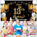 WATINC Happy 13th Birthday Backdrop banner Official Teenager Background Banners 78” x 45” Extra Large Backdrops Balloons Black Gold Party Decorations Supplies for Indoor Outdoor Photo Booth Props