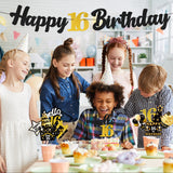 WATINC 42pcs 16th Black Gold Party Decorations for Boys Girls, 16 years Happy Birthday Banner Party Supplies Anniversary Decorations, 16th Birthday Cake Sparkling Party Balloon Celebration Hat & Gift