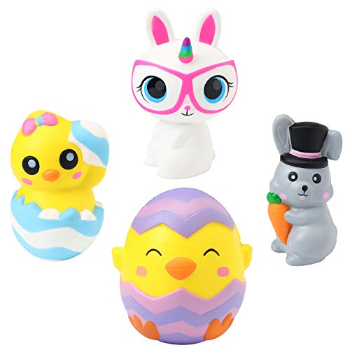 WATINC 4Pcs Easter Jumbo Squeeze Toy, Colorful Cream Scented Bunny Chick Squeeze Toys for Kids, Easter Party Favor, Kawaii Squeezable Sensory Soft Slow Rising Stress Relief Toy, Easter Basket Stuffers