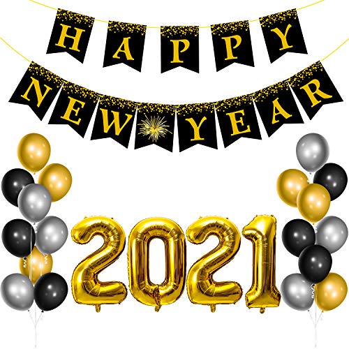 WATINC 38pcs 2021 New Year EVE Party Decoration, Happy NEW YEAR Banner with Gold and Black Balloons for EVE Party, 2021 Number Foil Balloon and Latex Balloon for 2021 New Year Eve Festival Party Supplie