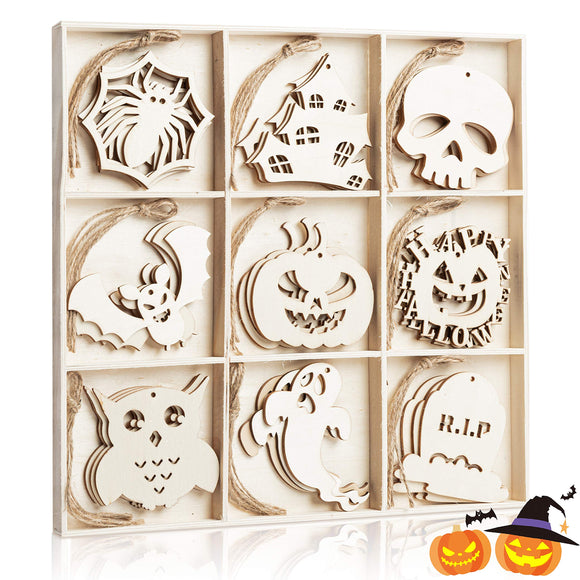 WATINC 27pcs Halloween Cutouts Wooden Ornaments, Scary Theme Shape for Hang Tags with Twine Ropes, DIY Graffiti Craft for Classroom Halloween Party Decoration, Trick or Treat Supplies Gifts for Kids