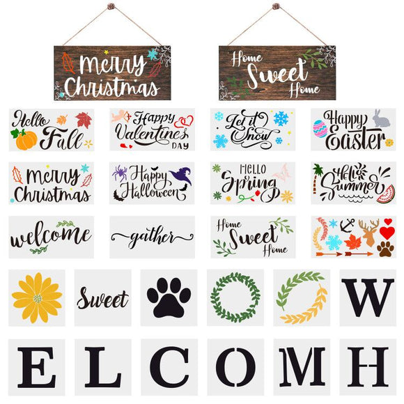 WATINC 24Pcs Seasonal Stencil Kit, Welcome Home Porch Sign for Front Door, Reusable DIY Stencil Word Home Sweet Home Sign Painting Mold on Wood Paper,Seasonal Theme Christmas Winter Holiday Home Décor
