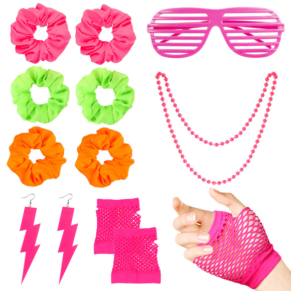 WATINC 12Pcs 80's Retro Neon Costume Outfit Accessories for Women 80s Hair Scrunchies for Hair Pink Shutter Glasses Fingerless Fishnet Gloves Flash Earrings Necklace Party Supplies
