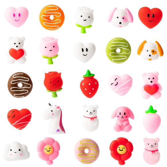 WATINC 25Pcs Mochi Squeeze Toys for Party Favor, Soft Squeeze Heart Donuts Flower Bear Stress Relief Hand Toys, Birthday Gifts,Classroom Decorations, Birthday Party Supplies