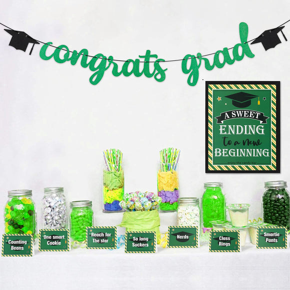 WATINC Graduation Green Black Candy Bar Sign Banner Set, Glitter Congrats Grad Banner and Tent Cards with Big Poster for 2021 Graduation Party Decor, Grad Party Favors Supplies for Buffet Bubbly Bar