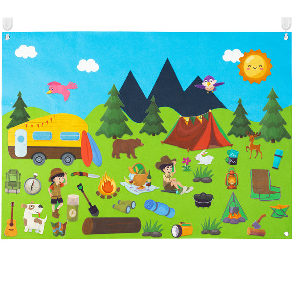 WATINC 46Pcs Camping Felt Board Story Set Camping Adventure Camp Out Preschool Large Wall Storyboard Forest Theme Early Learning Storytelling Play Board Hanging Kit for Toddler Kids 41 x 30 Inch